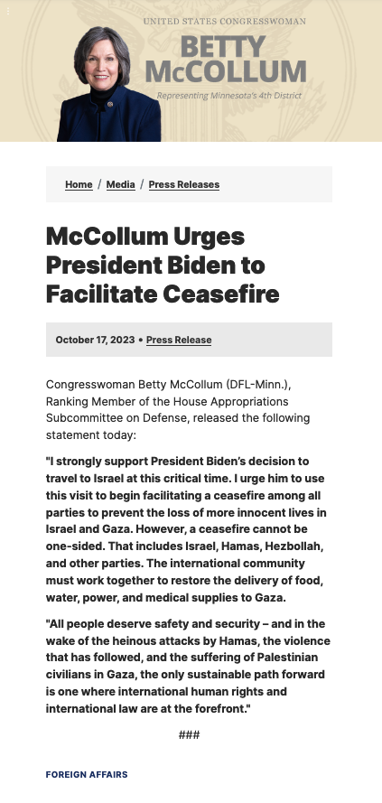 Betty McCollum press release
